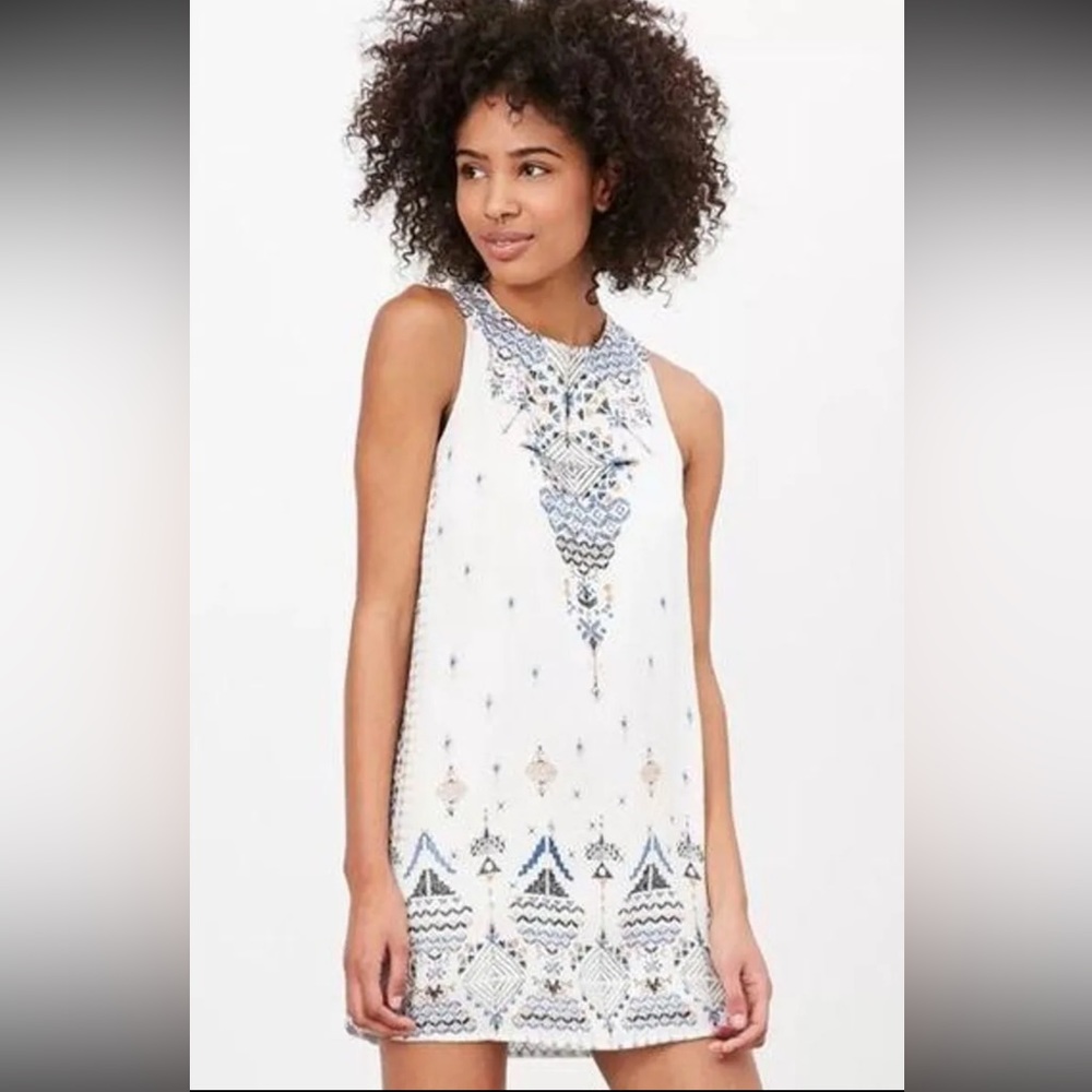 Ecote Dress Womens Medium Guinevere Open Back Frock Dress Lined White Blue